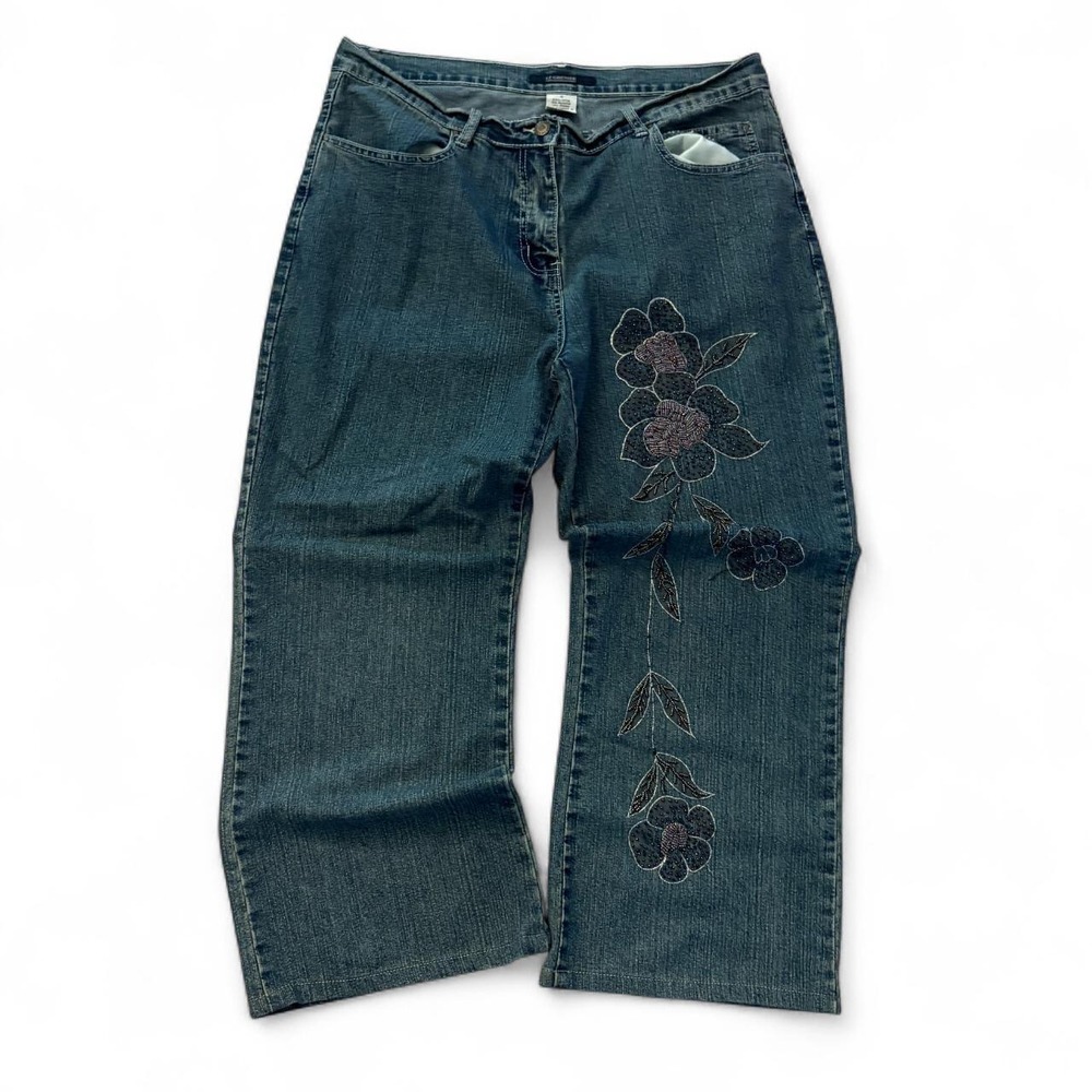 Le Grenier Vintage Y2K Floral Embellished Flare Jeans Blue Denim Women Size 15